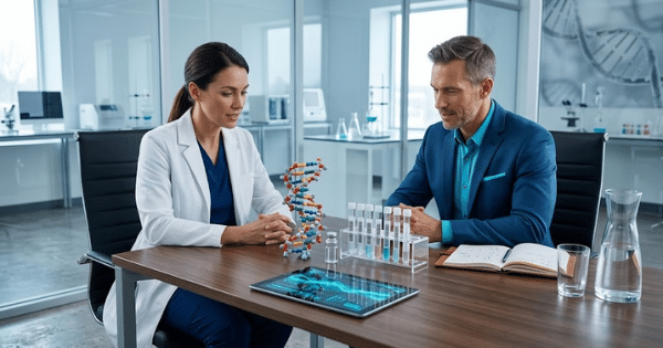 A female scientist and a male executive discussing test tube samples and a DNA model in a modern laboratory conference room.