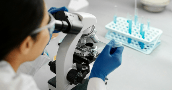 A scientist looking through a laboratory microscope while placing a liquid sample onto a glass slide.