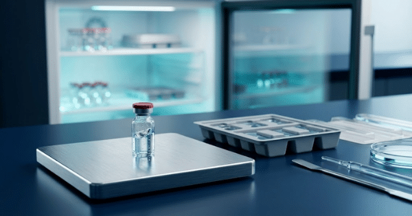 A glass vial sitting on a metal platform on a laboratory counter with medical refrigeration equipment in the background.
