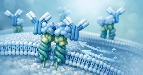 A 3D scientific visualization depicting Y-shaped antibody structures embedded within a cellular lipid bilayer membrane.