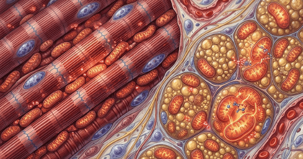 A detailed microscopic medical illustration contrasting muscle fibers containing mitochondria on the left with fat tissue cells on the right.