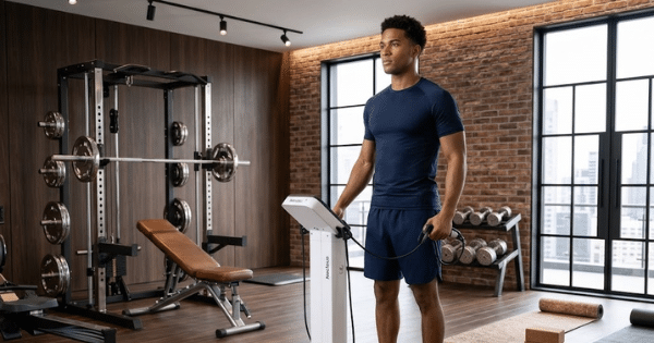 A man in dark blue athletic wear stands holding the handles of a body composition analyzer inside a gym equipped with weight racks and a brick accent wall.