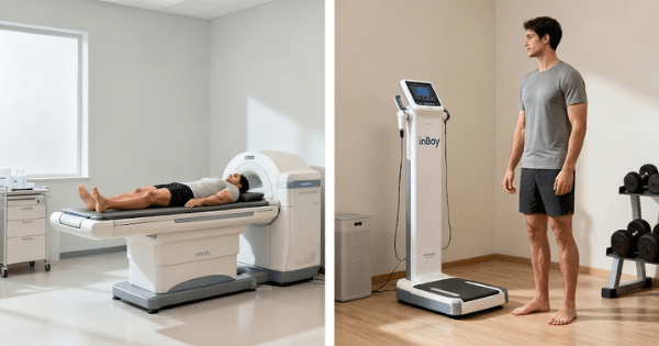 A split image showing a man undergoing a DEXA scan on a medical bed on the left, and a standing InBody composition analysis test on the right.