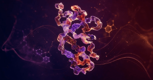 A 3D scientific rendering of a glowing purple and orange protein structure floating against a dark background with molecular diagrams.