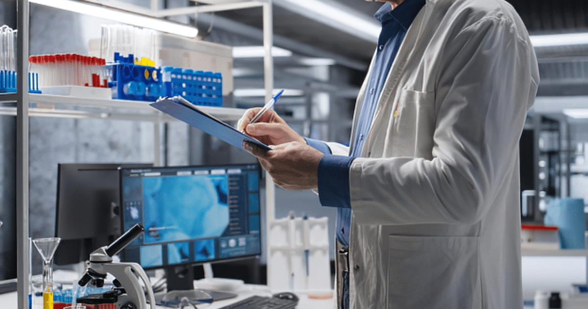 A scientist in a white lab coat writing on a clipboard in a laboratory filled with equipment.