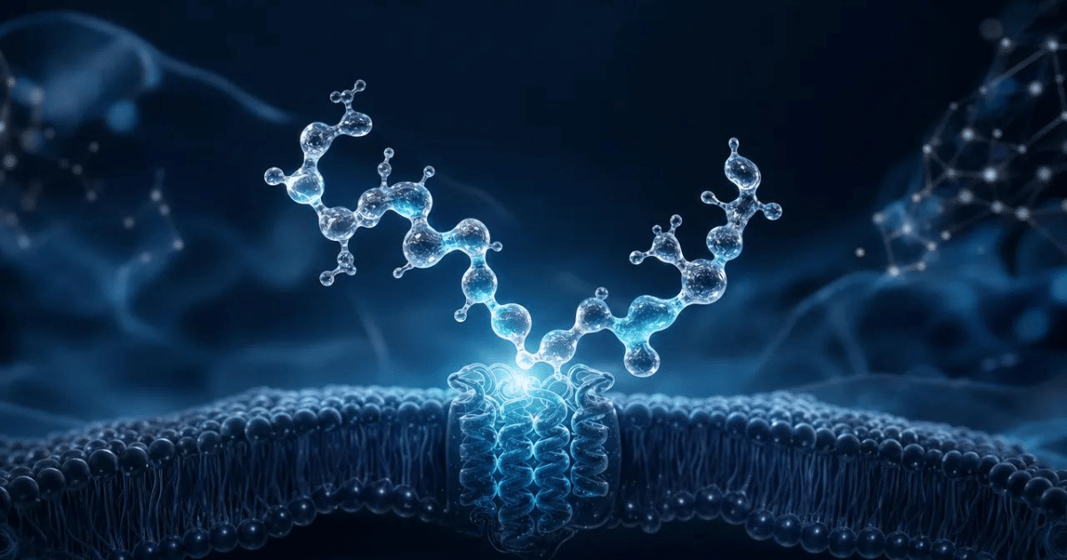 A 3D digital illustration depicting a glowing molecular structure interacting with a cell membrane receptor on a dark blue background