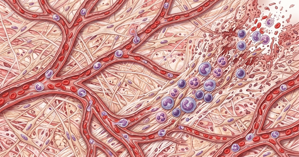 A detailed medical illustration showing blood vessels branching through connective tissue with red blood cells and immune cells responding to localized tissue damage.