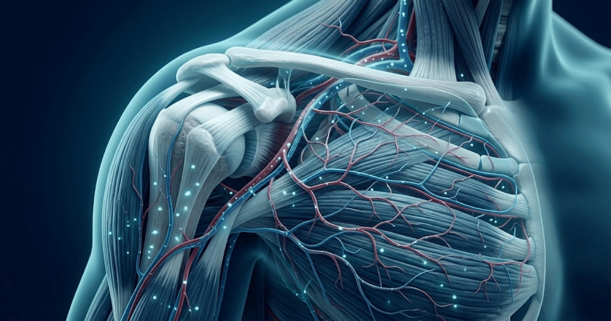 A 3D medical graphic detailing the bones, muscle structure, and blood vessels of a human shoulder and chest.