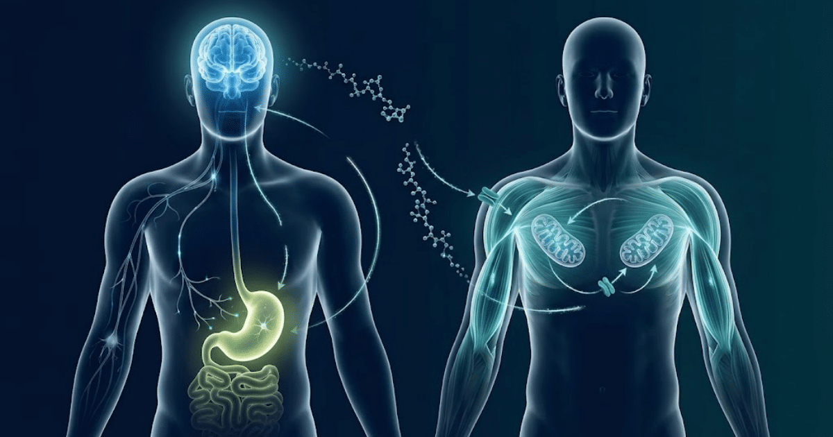 A medical illustration comparing two human figures, showing pathways connecting the brain and stomach on the left to muscles and mitochondria on the right.