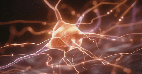A 3D illustration of a glowing neuron with branching dendrites and axons sending electrical signals.