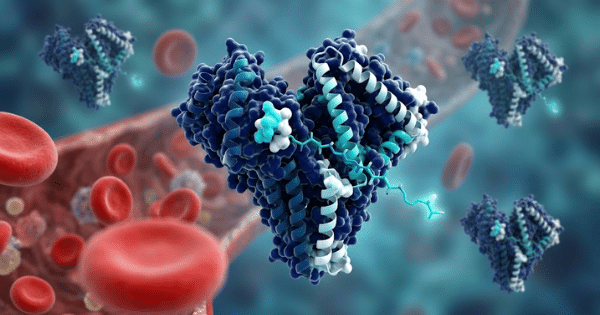 A 3D molecular model of a protein molecule surrounded by floating red blood cells.
