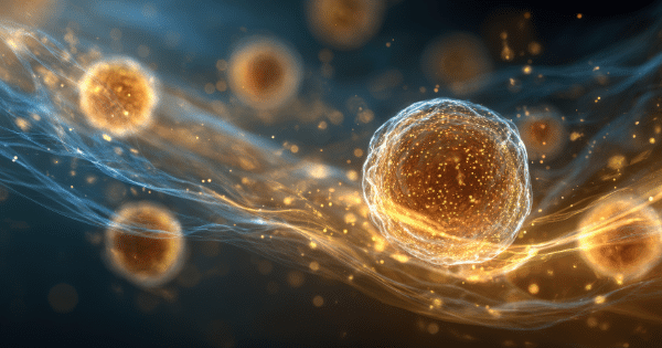 A microscopic 3D illustration of glowing golden spheres and particles floating through blue flowing tissue or fluid.